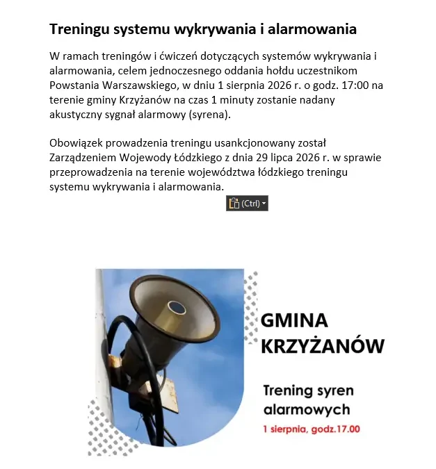 Trening Systemu Ostrzegania i Alarmowania Ludności w Gminie Krzyżanów