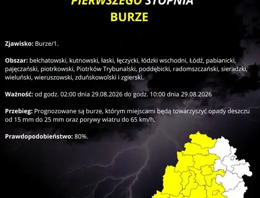Ostrzeżenie IMGW: Burze z gradem i silnym wiatrem w nocy w regionie łódzkim