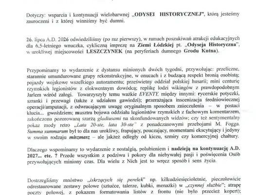 List pełen uznania dla „Odysei Historycznej” w Leszczynku trafił do Urzędu Gminy Kutno