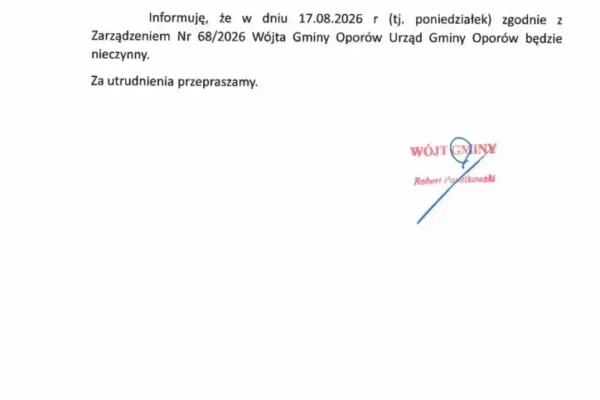 Urząd Gminy Oporów nieczynny 17 sierpnia 2026 – ważna informacja dla mieszkańców