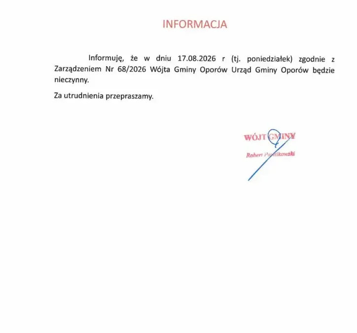 Urząd Gminy Oporów nieczynny 17 sierpnia 2026 – ważna informacja dla mieszkańców