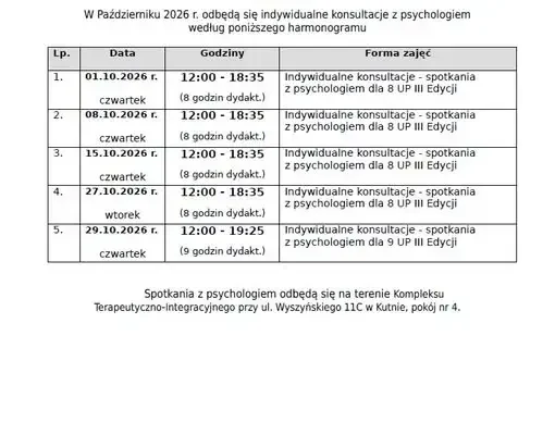 Harmonogram konsultacji z psychologiem w Kutnie – październik 2026