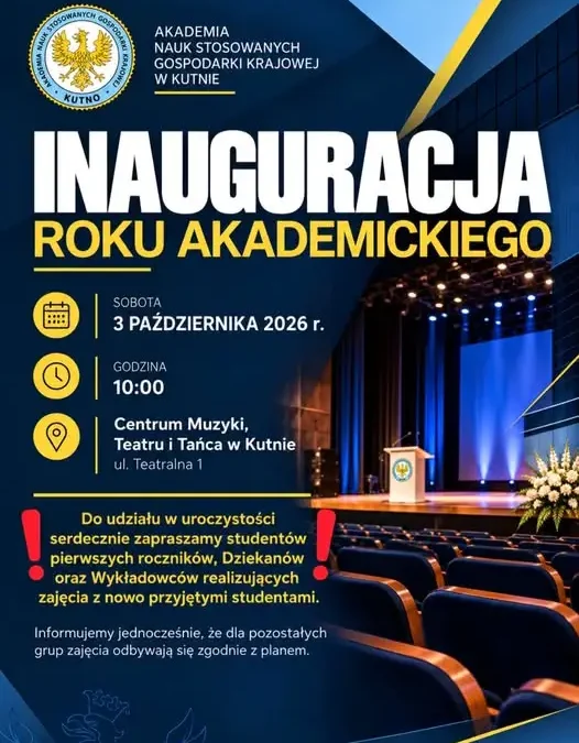 Ważna informacja dla studentów WSGK w Kutnie – organizacja zajęć po inauguracji roku akademickiego