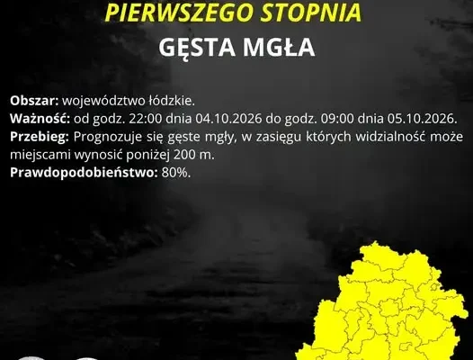 Gęsta mgła nad województwem łódzkim – ostrzeżenie IMGW I stopnia