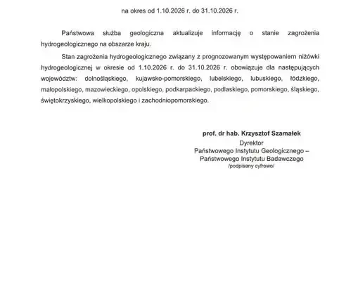 Niżówka hydrogeologiczna w województwie łódzkim – ostrzeżenie PSG nr 9/2026