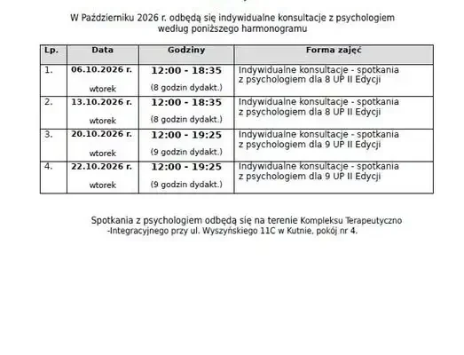 Kutno: harmonogram konsultacji psychologicznych w ramach projektu „Rodzinka w Akcji” – październik 2026