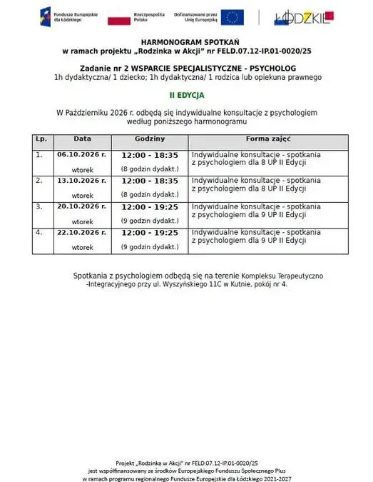 Kutno: harmonogram konsultacji psychologicznych w ramach projektu „Rodzinka w Akcji” – październik 2026